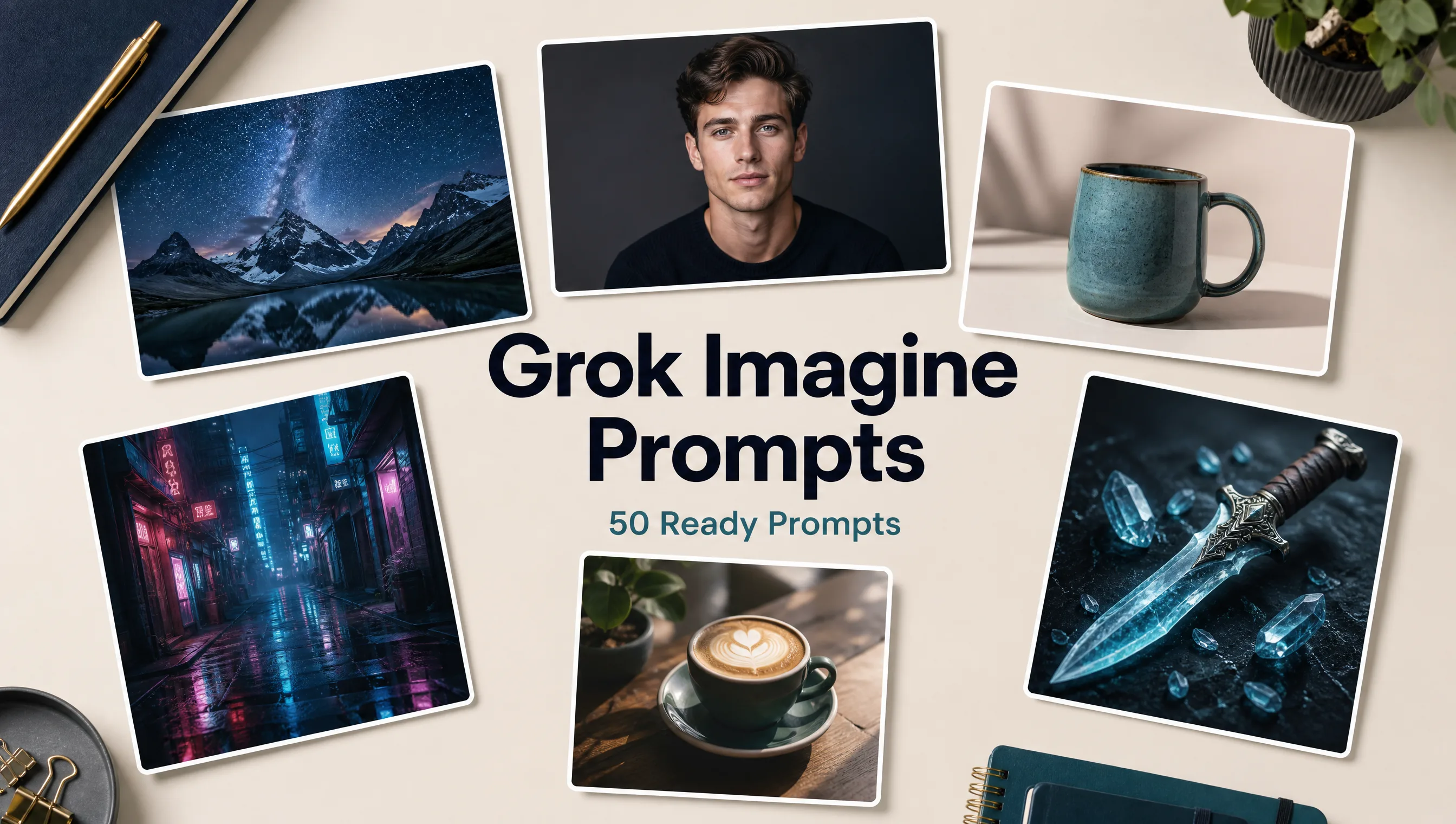 Editorial cover reading Grok Imagine Prompts with six scene cards