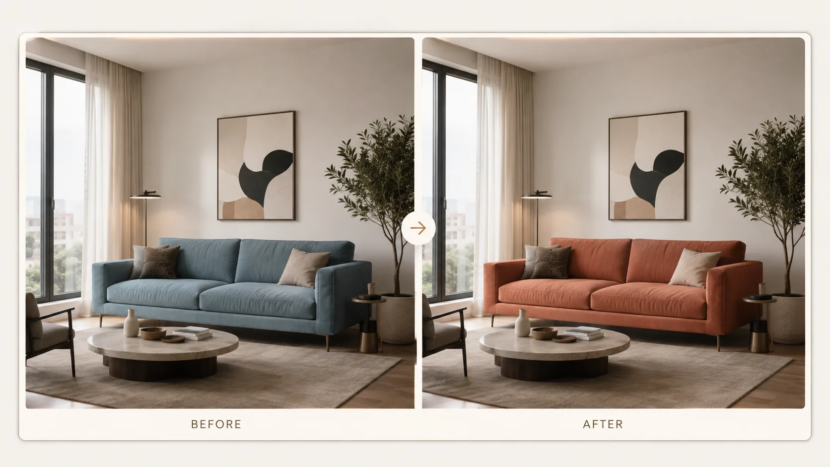 Precise edit concept: sofa recolor while the rest of the room stays locked