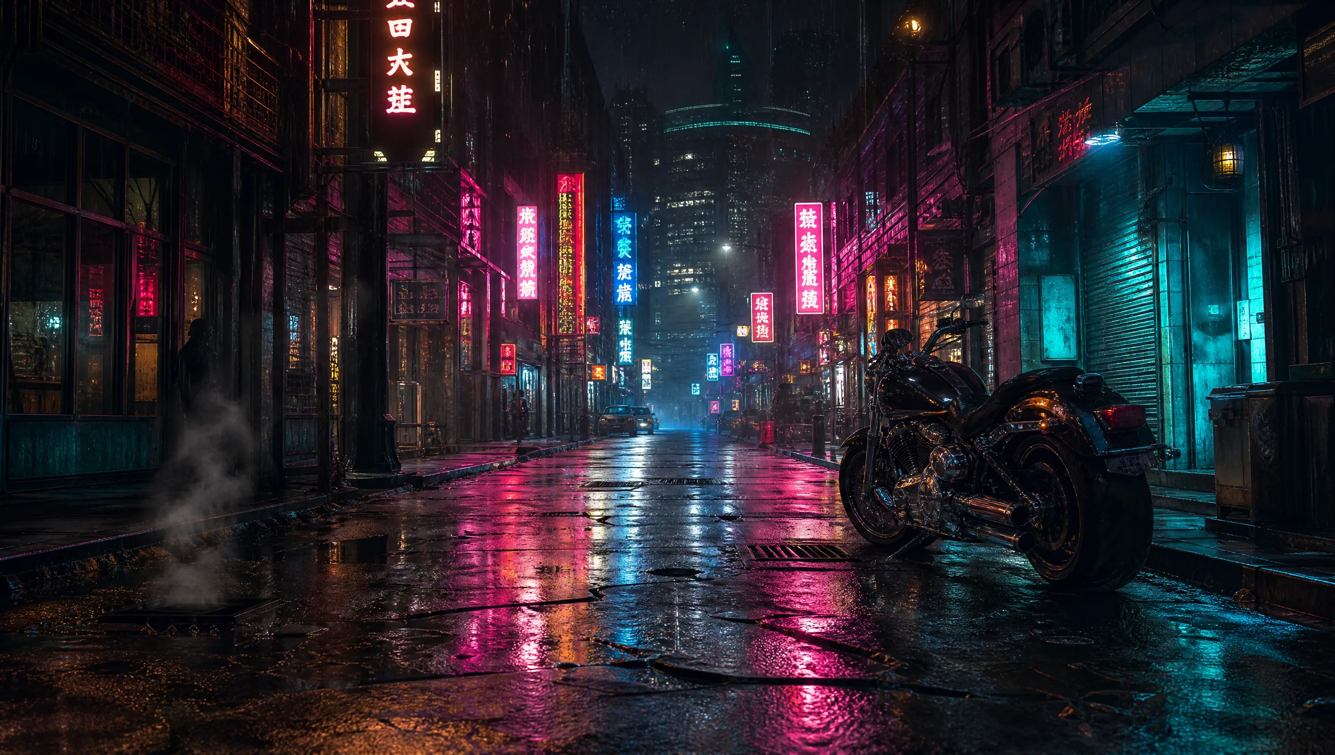 Rainy neon cyberpunk alley with a motorcycle