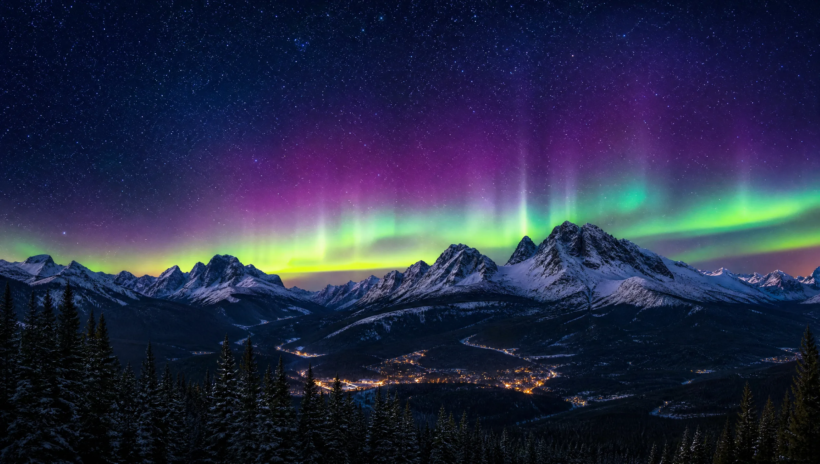 Snowy alpine night wallpaper with aurora