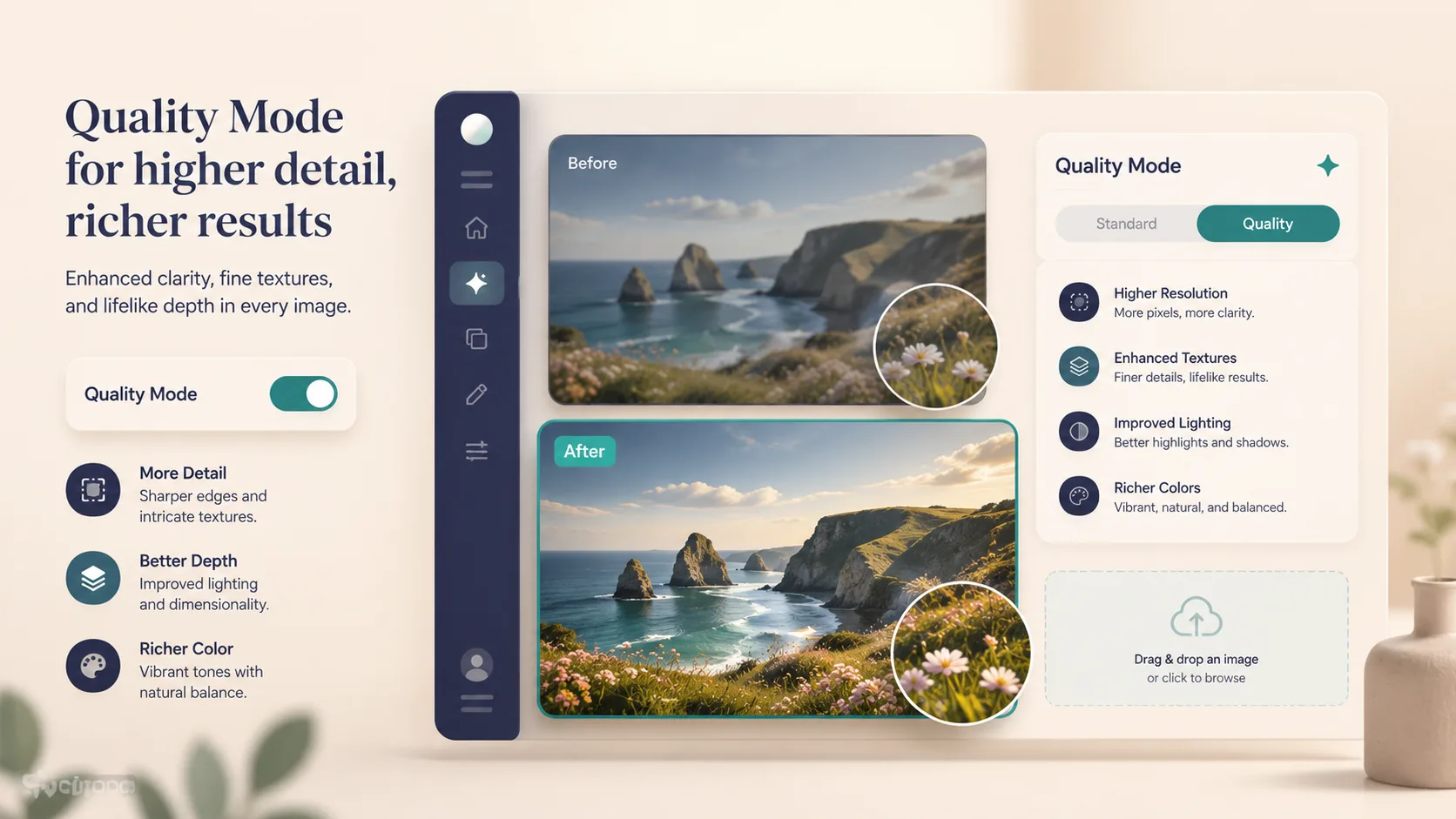 Grok Imagine Image 2.0 Quality Mode overview — editorial UI of high-detail stills and typography